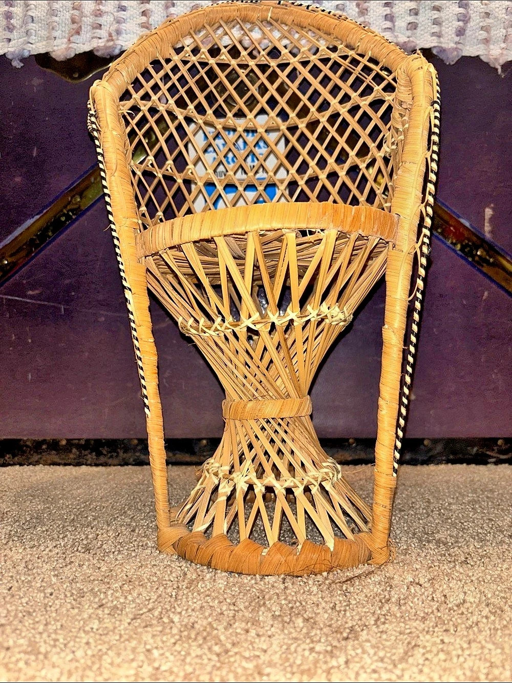 Vintage Mini Wicker Peacock Chair Plant Stand Doll Chair 42cm Boho